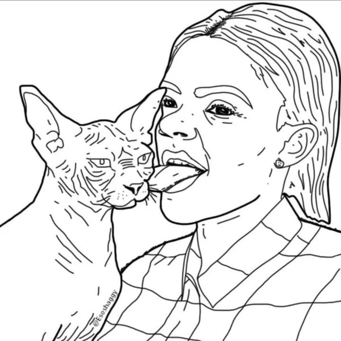 A black and white line drawing of a woman with a Sphynx cat licking her face, signed '@Eeeoooogy'.