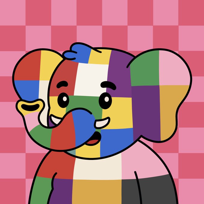 A cartoon-style illustration of a person and a dog, both filled with a multi-colored grid pattern, set against a pink checkered background.