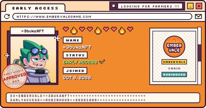 A pixel art-style digital certificate for 'Embervale' game early access is shown, featuring an anime character named @8bukaNFT, with the URL https://www.embervalegame.com at the top.