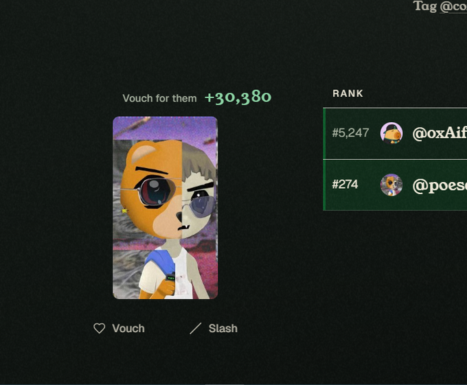 A digital profile interface showing an avatar NFT worth a vouch of +30,380, ranked #274, alongside another user ranked #5,247.