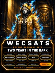 An advertisement for "WECATS" featuring a skeletal cat in a yellow hazmat suit surrounded by blue flames, promoting "TWO YEARS IN THE DARK" with various package options like NINJA and GOLDEN.