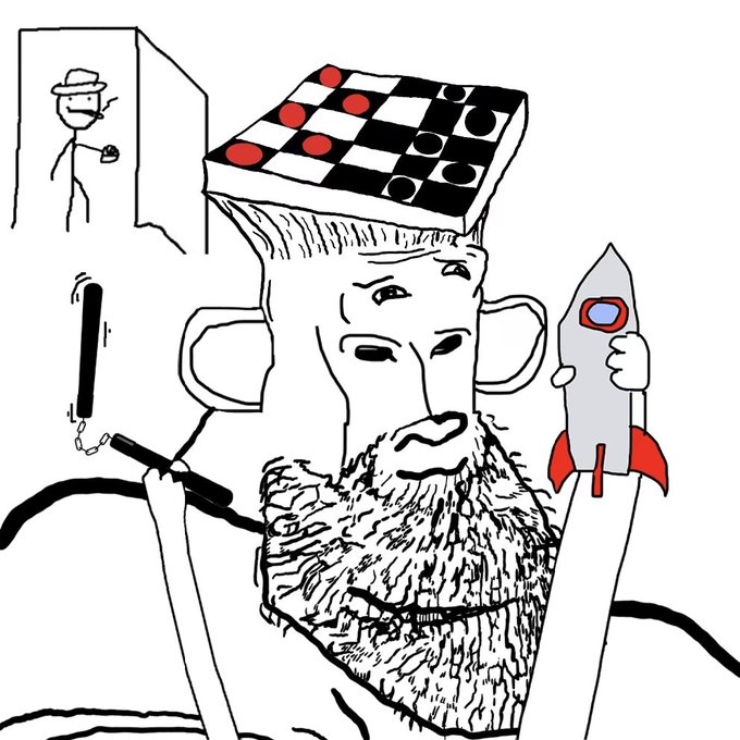 A crudely drawn cartoon character with a large beard and a checkerboard pattern on his head holds a pen and a toy rocket.