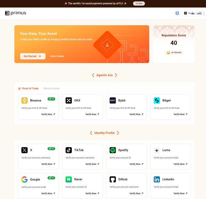 A 'primus' webpage titled 'Your Data, Your Asset' displays a Reputation Score of 40 and offers verification options for exchanges (Binance, OKX, Bybit, Bitget) and identity platforms (X, TikTok, Spotify, Google, etc.).