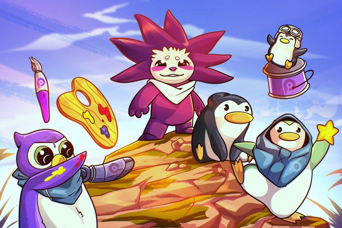 The image features five cartoon penguins standing together on a rock formation. The penguins are wearing colorful clothing and accessories, adding a vibrant touch to their appearance. In front of them, there's an artist's palette with various paint colors, suggesting that they might be artists or involved in some creative project. One of the penguins is holding a paintbrush, indicating that they could be painting or drawing something related to their surroundings. The background of the image shows a clear blue sky and fluffy white clouds, creating a beautiful backdrop for this artistic scene.