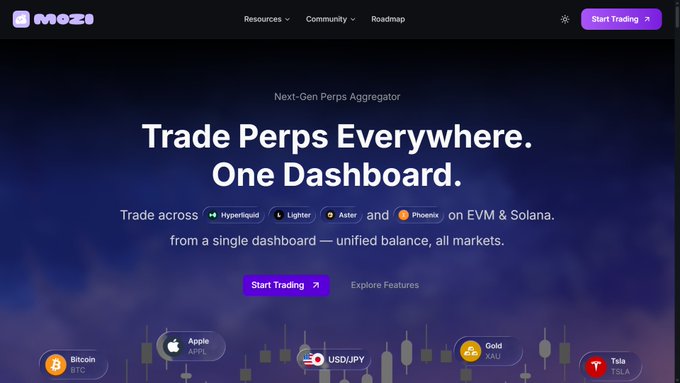 The homepage of MOZI, a 'Next-Gen Perps Aggregator' allowing users to 'Trade Perps Everywhere. One Dashboard' across platforms like Hyperliquid, Lighter, Aster, and Phoenix on EVM & Solana.