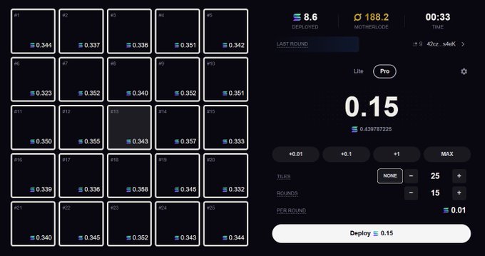A cryptocurrency trading interface displays 25 panel options on the left, with metrics showing 8.6 deployed, 188.2 mother/ode, and a current value of 0.15, alongside controls for adjusting amounts and a 'Deploy 0.15' button.