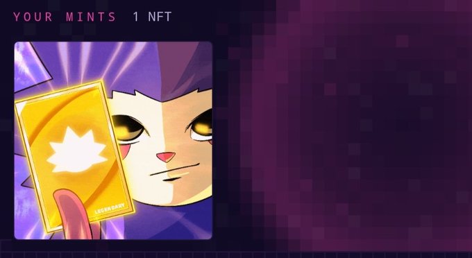 A digital NFT artwork showing a cartoon cat character holding a glowing golden card, with the text 'YOUR MINTS 1 NFT' in the top left corner.