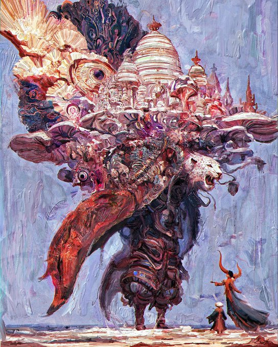 A surreal, painterly illustration depicts a massive, fantastical creature with the body of a beast carrying an elaborate cityscape, ornate domes, and decorative fins on its back, with two small robed figures standing before it on a barren landscape.