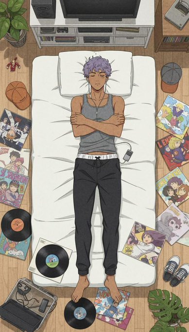 An anime-style illustration of a purple-haired young man sleeping with arms crossed on a white bed, surrounded by vinyl records, anime/manga magazines, a basketball, sneakers, a plant, and other bedroom items viewed from a top-down perspective.