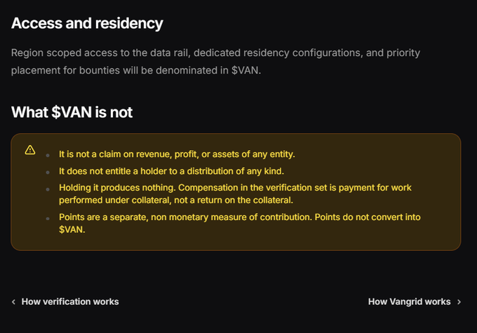 Dark-themed informational graphic explaining 'Access and residency' for Vangrid, noting 'Region scoped access to the data rail, dedicated residency configurations, and priority placement for bounties will be denominated in $VAN.' Includes a yellow warning box titled 'What $VAN is not'.