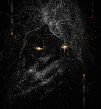 A dark, grainy digital artwork depicting a shadowy face with glowing yellow eyes against a black background with subtle swirling patterns.