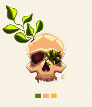 A digital illustration features a beige skull with green leaves sprouting from the top of its head and inside its eye sockets, with a color palette of dark green, peach, and orange displayed below.