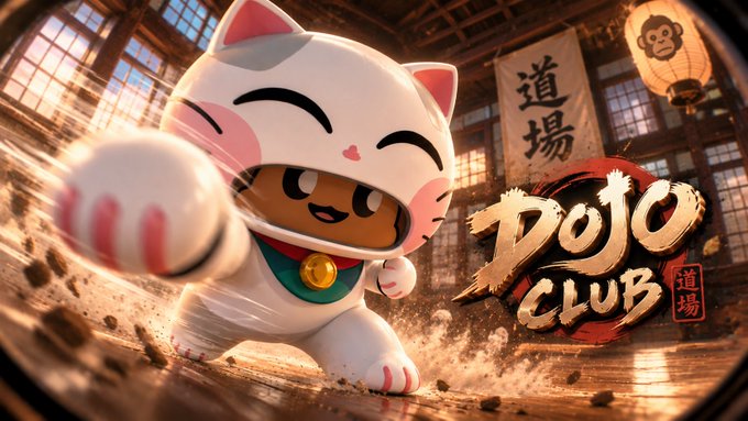 A promotional image for 'Dojo CLUB' featuring a cute cartoon cat character in a martial arts pose, set in a dojo with Japanese-style décor and a monkey paper lantern.