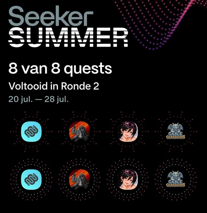A promotional poster for 'Seeker SUMMER' announcing '8 van 8 quests' featuring Voltooid in Ronde 2 from 20 Jul. to 28 Jul., with character icons for Web3 games.