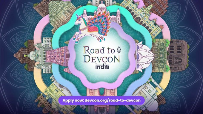 The image is a vibrant promotional graphic for "Road to Devcon India," featuring a stylized peacock with a winged unicorn set against a mandala-style arrangement of illustrated Indian landmarks and architecture, with text directing viewers to "Apply now: devcon.org/road-to-devcon." It visually represents the Devcon satellite event program being promoted in the accompanying post, which encourages community members to submit their events for inclusion on the official Road to Devcon calendar as Devcon approaches.