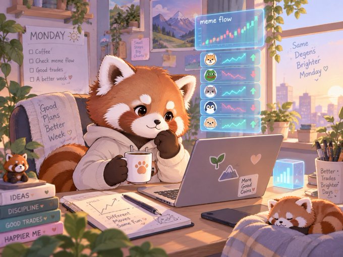 An anime-style illustration of a red panda wearing a hoodie, holding a paw-print mug, working at a desk with a laptop displaying meme stock charts, surrounded by motivational notes like 'Good Plans Better Week' and 'Same Degens Brighter Monday'.