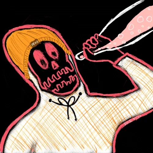 The image features a cartoon drawing of a person wearing a white hoodie, holding a bottle of wine or champagne up to their mouth with both hands. The person has a yellow hat on their head and a necklace around their neck. The background is black, which contrasts with the colorful figure in the foreground. The post that accompanies this image reads: "rektguy #3775 sold for 0.17 WETH bought by 0x994b...3096 Sold by 0x63e9...".