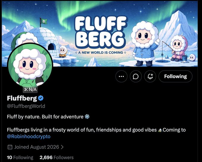 A Twitter/X profile for "Fluffberg" (@FluffbergWorld) with a verified checkmark, featuring cartoon sheep characters in an arctic setting with the tagline "FLUFF BERG - A NEW WORLD IS COMING" and noting a partnership with @Robinhoodcrypto.