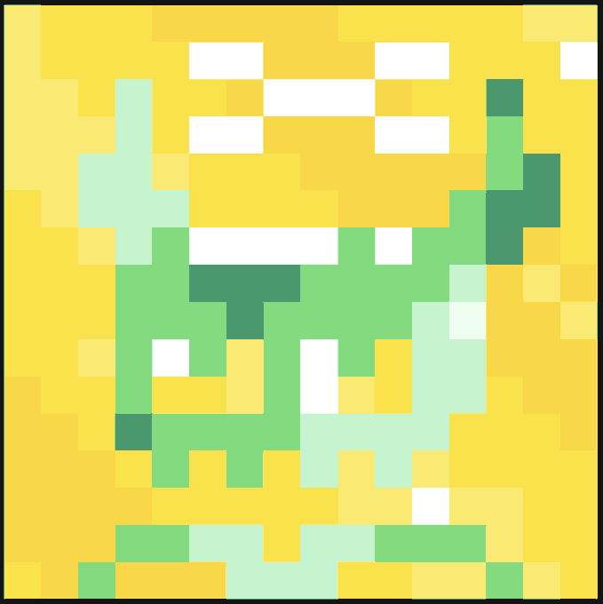 A heavily pixelated image in yellow, green, and white tones depicting what appears to be a distorted figure.