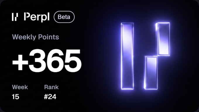 A Perpl Beta dashboard displays 'Weekly Points +365' for Week 15, showing a current Rank of #24 alongside a neon purple geometric logo.