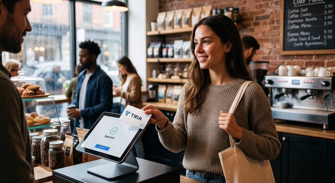 The image shows a woman holding up her phone with a payment app open, likely for TIA, as she makes a purchase at a coffee shop. The scene takes place inside a coffee shop where there are other people present, indicating that this is a public space frequented by customers. The focus of the image is on the interaction between the woman and the payment app, highlighting how seamlessly technology can be integrated into everyday life for various transactions such as buying food or drinks at a cafe.