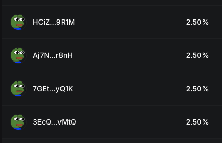 A dark interface displays four rows with Pepe-style avatars and partial alphanumeric identifiers like 'HCiZ...9RIM' and '3EcQ...vMtQ,' each showing '2.50%' on the right.