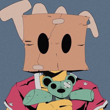 A cartoon illustration of a character wearing a cardboard box on their head with eye holes and taped edges, holding a teal teddy bear and wearing a red floral shirt.