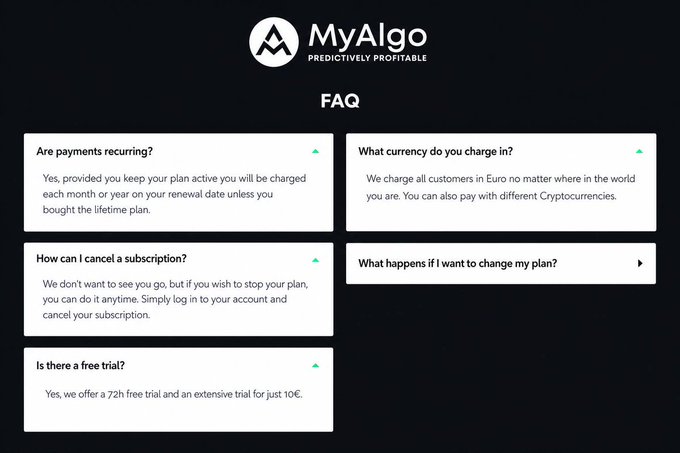 An FAQ page for 'MyAlgo - Predictively Profitable' displaying common questions about subscription payments, currency (charged in Euros), cancellation process, and a 72h free trial plus 10€ extensive trial.