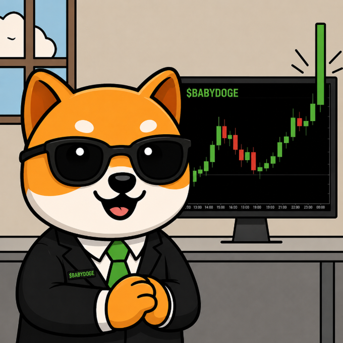 A cartoon Shiba Inu dog wearing sunglasses and a black suit with a green "$BABYDOGE" tie stands confidently in front of a monitor displaying a green bullish candlestick chart labeled "$BABYDOGE," visually reinforcing the post's message that the token is on the rise rather than dipping.