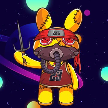 A digital illustration of a yellow stitched voodoo-style rabbit character wearing a red headband marked 'ZSG' and a jersey numbered '23', holding a pitchfork in a cosmic space setting.