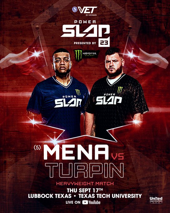 Promotional poster for Power Slap 23 featuring "Mena vs Turpin" in a heavyweight match, displaying the two competitors wearing "Power Slap" jerseys with Monster Energy branding, scheduled for Thursday, September 17th at Texas Tech University in Lubbock, Texas, to be live-streamed for free on YouTube.