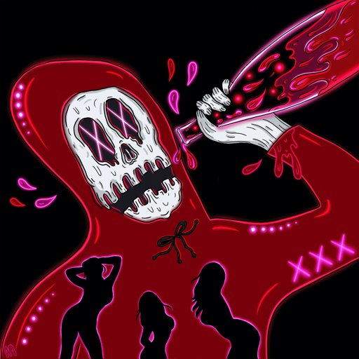 A stylized dark illustration featuring a grim reaper character in a red hooded robe wielding a glowing pink/red blade, with X-shaped eyes on a skull face and silhouettes of three women at the bottom.