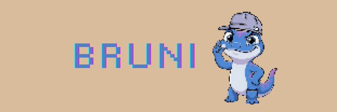 A pixel art style banner featuring a blue dinosaur character wearing a gray cap alongside the text "BRUMI" in glitch-effect styling.
