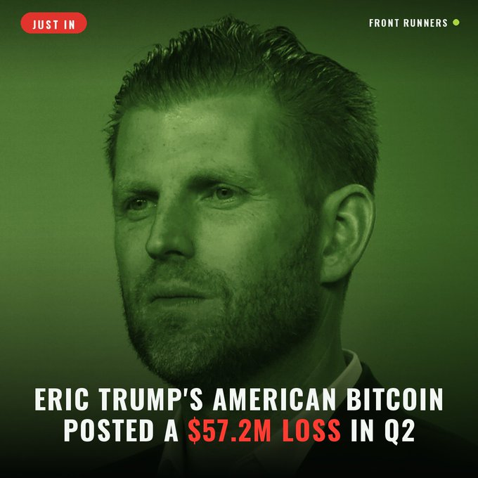A green-tinted portrait of Eric Trump with text reading "JUST IN" and "FRONT RUNNERS" at the top, and a headline at the bottom stating "ERIC TRUMP'S AMERICAN BITCOIN POSTED A $57.2M LOSS IN Q2" — visually reinforcing the post's breaking news about his mining venture's significant quarterly loss.