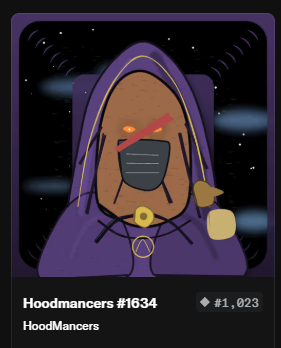 A digital trading card titled 'Hoodmancers #1634' by HoodMancers, featuring an NFT illustration of a hooded figure with a cross necklace.