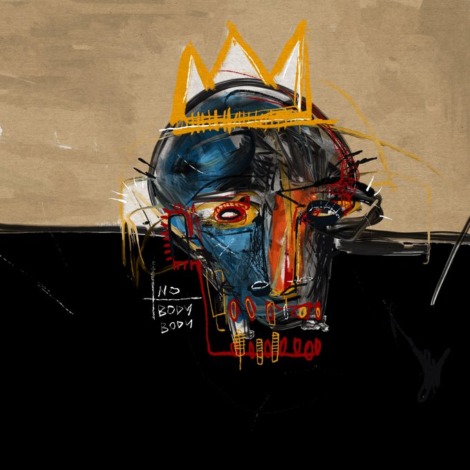 A raw expressionist portrait features a crown-topped, distorted face with visible numerical inscriptions reading "115," "BOX" (appearing twice), set against a split tan and black background, complementing the "GM! Rise and shine!" greeting with its regal, awakening energy.