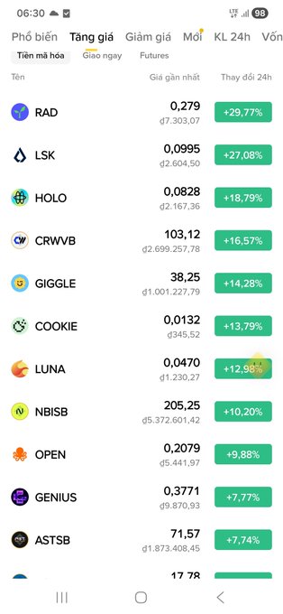 A Vietnamese cryptocurrency trading app screenshot showing the 'Tăng giá' (price increase) tab, listing tokens like RAD (+29.77%), LSK (+27.08%), HOLO (+18.79%), and CRWVB (+16.57%).