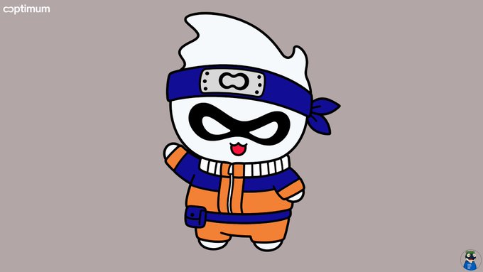 An animated chibi-style character wearing an orange and blue ninja outfit with a blue headband featuring the infinity symbol, labeled 'Optimum'.