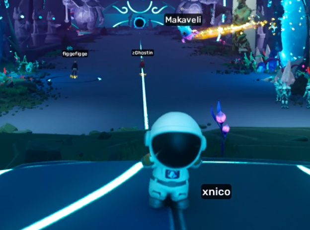 An astronaut character labeled "xnico" stands on a glowing blue platform in an Otherside virtual world, with other players including "zGhostin," "figgefigge," and "Makaveli" visible in the background. The image relates to a giveaway of an astronaut avatar, tying into the post's promotion of an Arbitrum-themed NFT giveaway on the OthersideMeta platform.