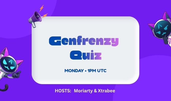 A vibrant purple promotional graphic for the 'Genfrenzy Quiz' hosted by Moriarty & Xtrabe, scheduled for Monday at 1PM UTC, featuring cartoon cat characters.