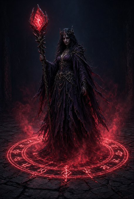 A dark fantasy illustration of a horned sorceress in a tattered dark purple gown standing in a glowing red magical sigil circle, holding a staff topped with a red crystalline flame.