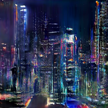 An abstract, glitch-art style image of a nighttime city skyline with tall illuminated skyscrapers rendered in vibrant blues, purples, and whites with a distorted, painterly effect.