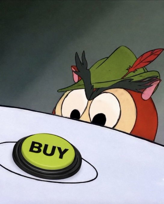 A cartoon image of a chipmunk character peeking over a counter at a large yellow 'BUY' button.