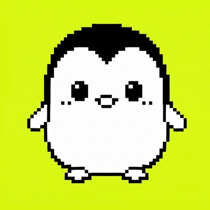 A pixel art rendering of an egg-shaped character with a black top, big dark eyes, tiny feet, and a smiling face, set against a chartreuse green background—representing one of the "Pixies," the first pixelated cute character collection on Robinhood Chain.