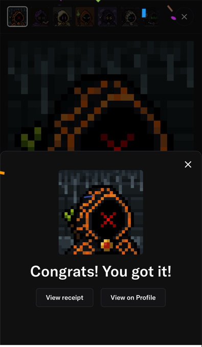 A pixel art screenshot of an in-game reward screen showing a hooded figure character with the text 'Congrats! You got it!' along with 'View receipt' and 'View on Profile' buttons.