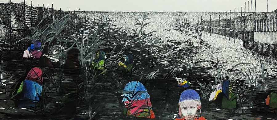 A detailed black and white ink drawing accented with pops of color, showing figures in a field of tall plants near water, with fences and posts lining the background.