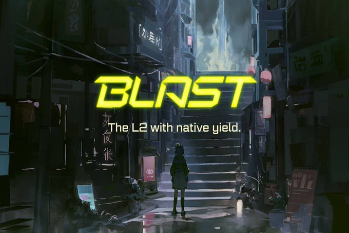 A promotional graphic for "BLAST - The L2 with native yield" featuring an anime-style illustration of a figure standing on a street with Japanese signage and a glowing portal in the distance.