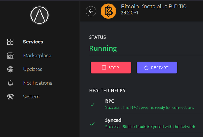 A screenshot of a node management dashboard showing Bitcoin Knots plus BIP-110 version 29.2.0-1 with a "Running" status, confirming the BIP-110 implementation has been continuously operating with healthy RPC and sync checks.