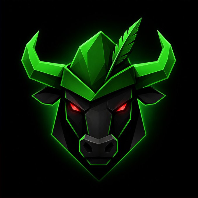 A stylized bull's head mascot in black and neon green with glowing red eyes and a feather-like crest forms the centerpiece of this token launch graphic. The fierce, geometric design embodies the $ROBINBULL branding, with the bright green accents directly tying into the "Bull" theme of the airdrop announcement.