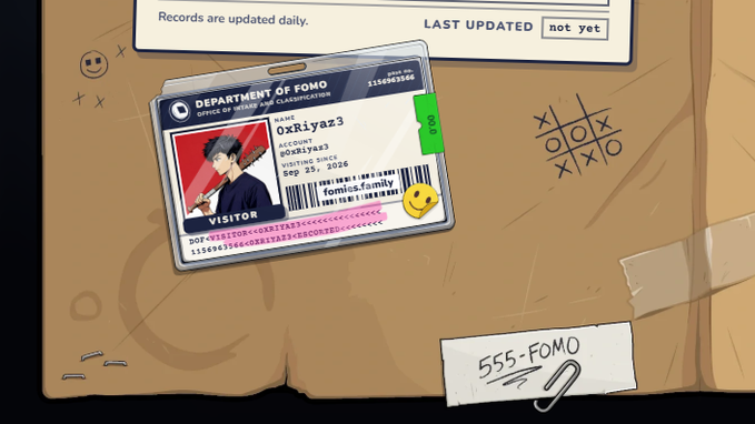A digital illustration of a 'Department of Fomo' visitor ID card for user 'OxRiyaz3' displayed on a corkboard background.